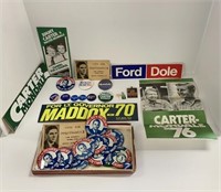 Small box of Political pins and advertisements