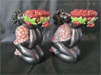 African Woman Signed Pottery Candle Holders