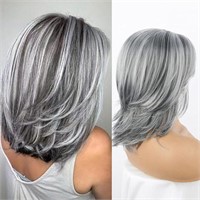 13" Short Sliver Gray Wig with Wig Cap for Women