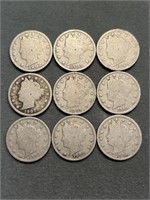 Lot Of 9 Liberty Head Or “v” Nickels 1883-1912