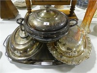 THREE COVERED SILVERPLATE DISHES