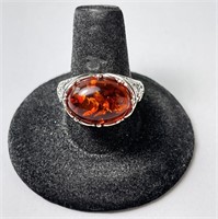Sterling Bali Made Lg Amber Ring 7 Gr Size 9