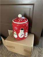 Red Hallmark snowman cookie jar with snowflake