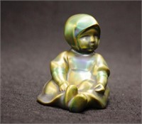 Zsolnay green iridescent seated young girl figure