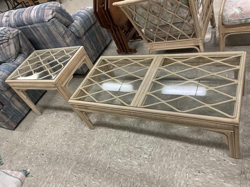 Bamboo whitewash Coffee and End Table, glass top