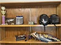 Contents on Shelf Motorcycle Helmets Magazines etc