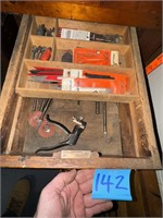 Drawer full of items to include drillbits, etc.