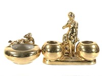 Gold Surfaced Figural Double Planter + Ashtray