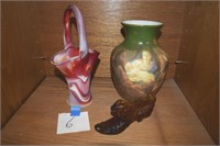 Art glass basket, Fenton shoe, vase