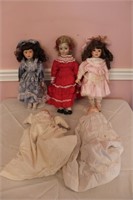 5 dolls;  2 13" bisque babies with cloth torso
