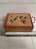 Vintage Wicker Sewing Basket, Embroidered Lid