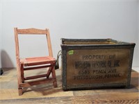 Vintage Kids Chair and Metal Advertising Box
