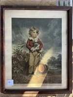 Antique Framed Print, Little Boy with Puppy,