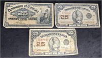 3 x Dominion of Canada 25-Cent Shinplasters