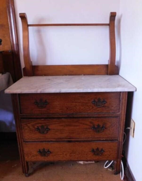 Vintage oak 3 drawer wash stand w/ marble top &