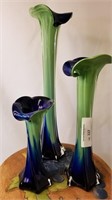 3 Green Glass Vases