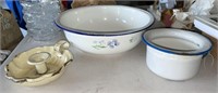 (3) Vtg Enamelware: Blue Floral Enamel Bowl; B