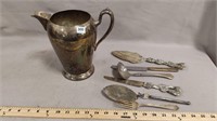 Silver on Copper Pitcher & 6 Utensils