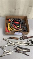 Pipe Wrench, Vise grips, snips, knives, misc tool