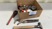 Pipe wrench, hammer, gauges, misc