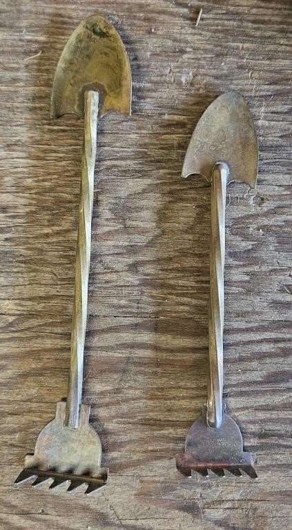 (2) Vintage Brass Mini Garden Rake/Shovel