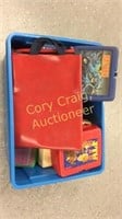 Tote of Misc toys, lunch boxes, Fisher Price and