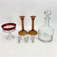 Tray- Amber Glass Candlestick Holders, Decanter