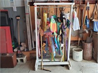 Wooden rack, wind socks, yard decor