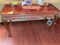 CARVED WOODEN SOFA TABLE WITH INLAY TOP BALL AND C