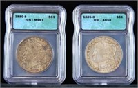 2 Morgan Silver dollars 1880 S  MS61 & 1885 O AU58