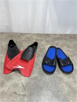 Speedo flip flops and swim fins, size XL and 2XL