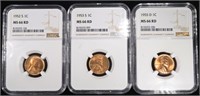 1952-S, 1953-S, 1955-D LINCOLN CENTS NGC MS66 RD