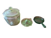 Green depression cracker jar- lid has chip and
