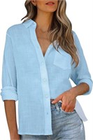 Womens V Neck Button Down Shirt Cotton Linen Long