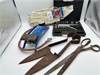 Lot of Old Tools and 2 Pair Leather Gloves