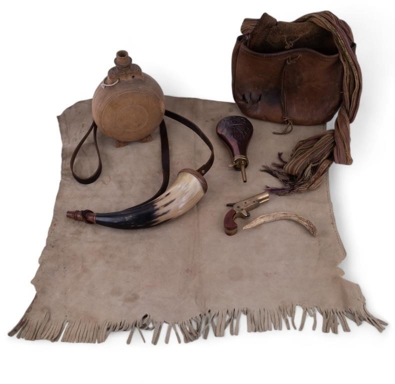 Derringer, Powder Horn, Canteen & Buckskin