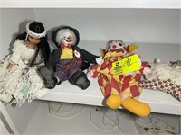Group of Dolls , 2 clowns, 1 native american girl.
