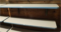 TWO BLUE & WHITE ENAMEL SHELVES