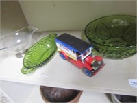 Shelf Lot-Amber Bowl,Bread Truck,Green Dishes