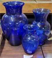 SET OF 3 COLBALT BLUE GLASS VASES