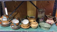 2 Japanese luster tea sets, pottery. Basket and