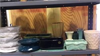 Shelf lot, 9 pottery flower pots, 12 collector