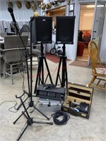 CRATE AMPLIFIER AND SPEAKER SYSTEM.  MIC STANDS.