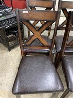 2 DARK WOOD CHAIRS WITH BROWN LEATHER STYLE SEATS