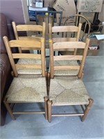 4 rush bottom chairs , bar stool, wooden chair