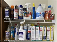 Contents of laundry shelves cleaning supplies