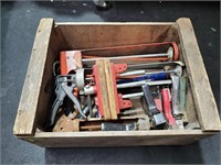 Vintage Wood Box of Small Tools, Staplers, Calking