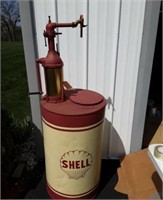 Shell stenciled oil barrel and pump. Brass