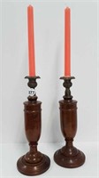 PAIR OF WOOD CANDLESTICKS WITH METAL TOPS