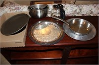stainless steel mixing bowls, skillet, tray